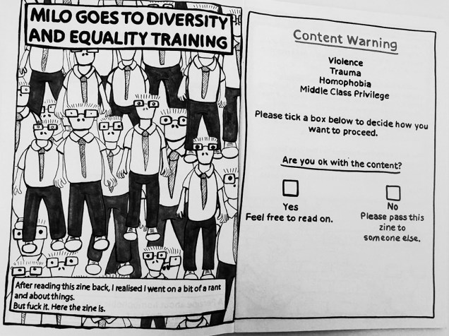 Zine page for Milo Goes to Diversity and Equality Training
